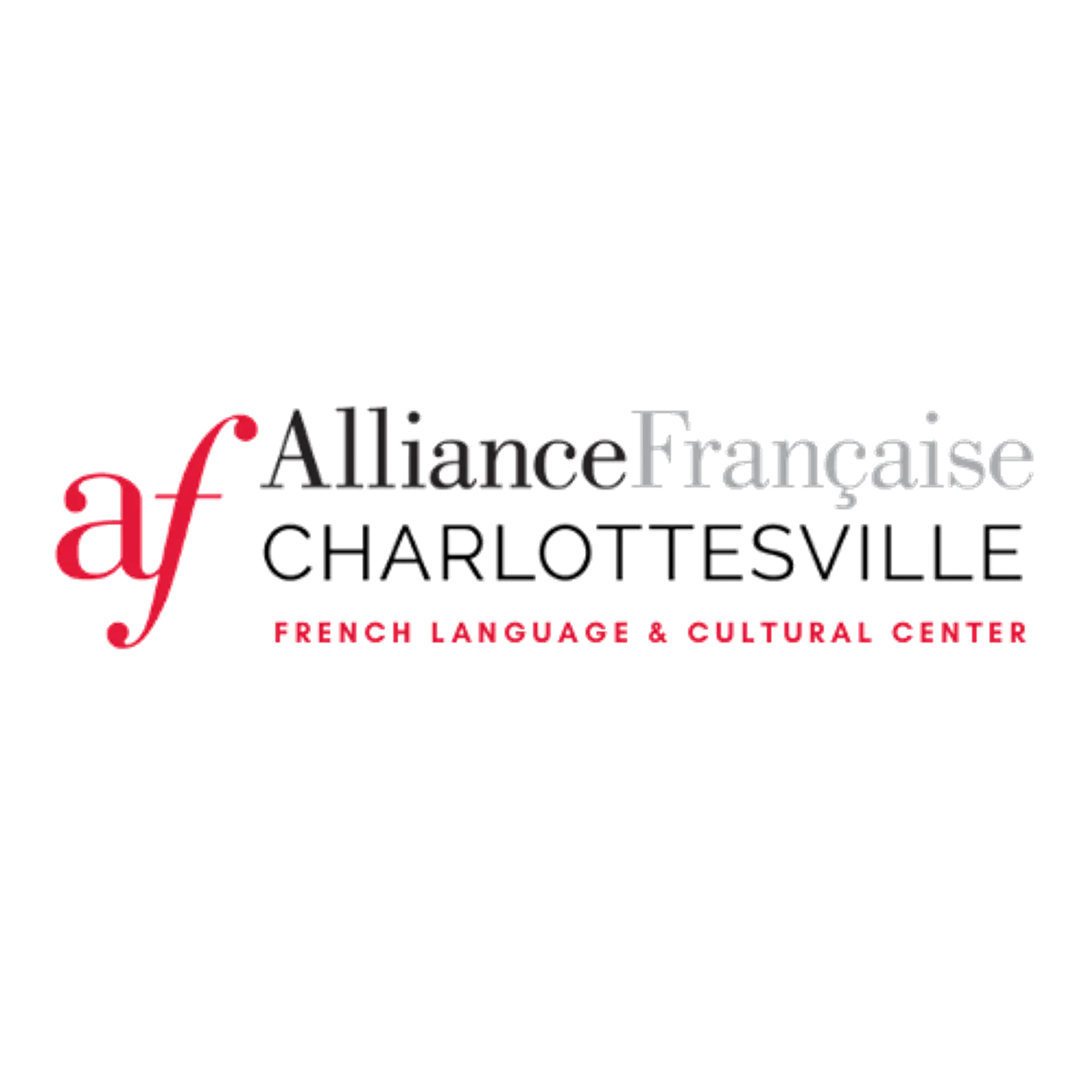 Logo for Alliance Française Charlottesville, French Language & Cultural Center, with a red
