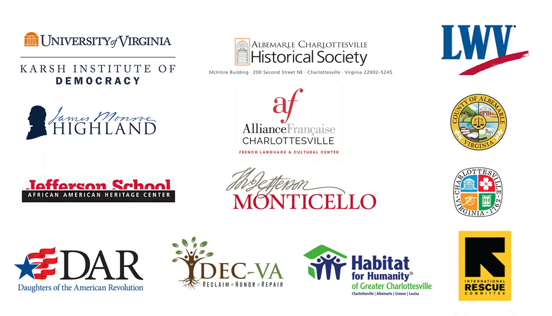 Logos from organizations in the greater Charlottesville community who are participating in the 2026 Founders Day Weekend activities at Monticello