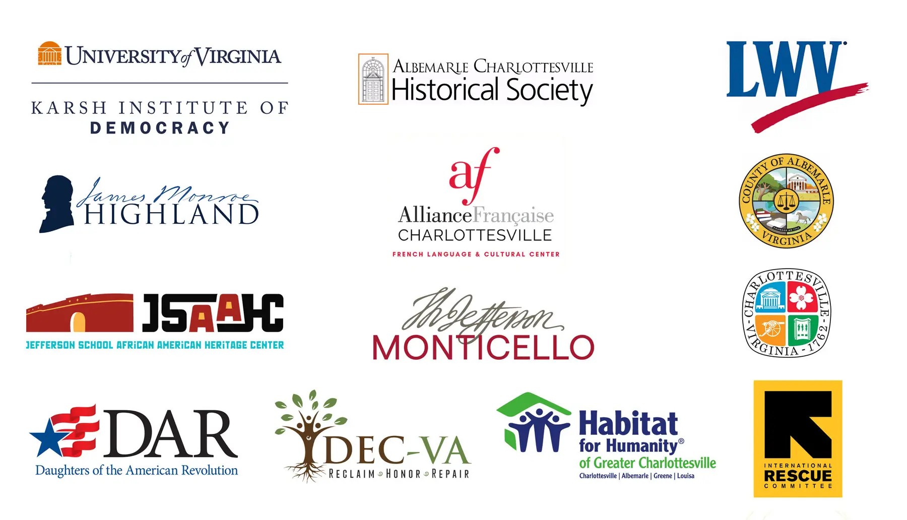 Logos from organizations in the greater Charlottesville community who are participating in the 2026 Founders Day Weekend activities at Monticello