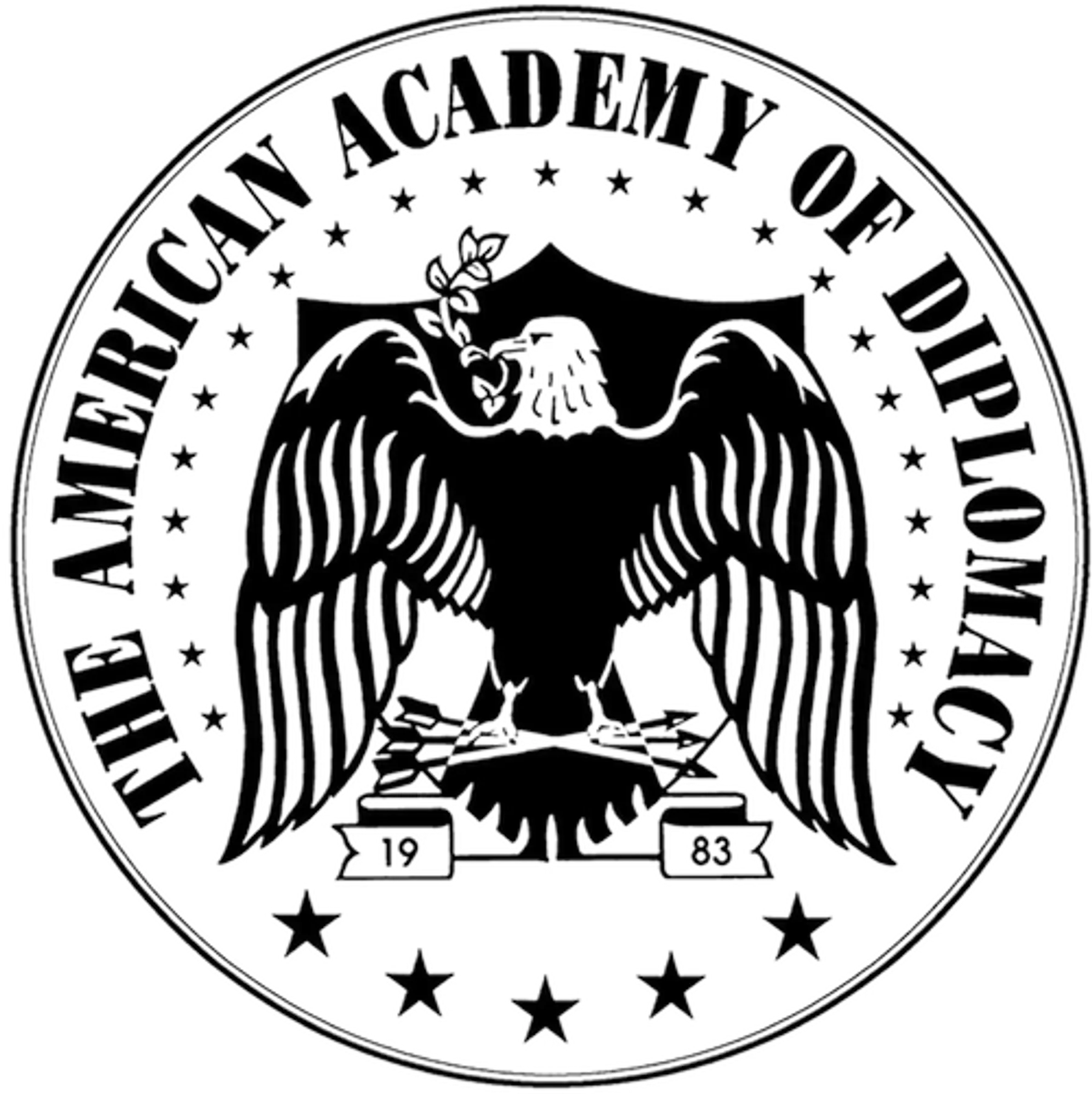 Black and white seal of The American Academy of Diplomacy, featuring an eagle with outstretched wings and a banner reading
