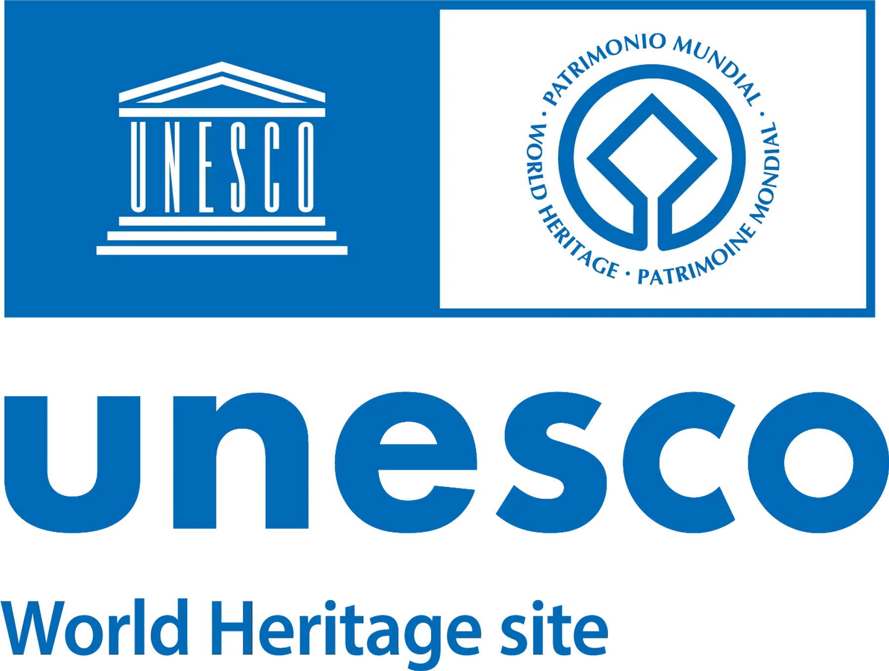 Blue UNESCO logo featuring a stylized temple icon above the text "UNESCO" and its full organization name.