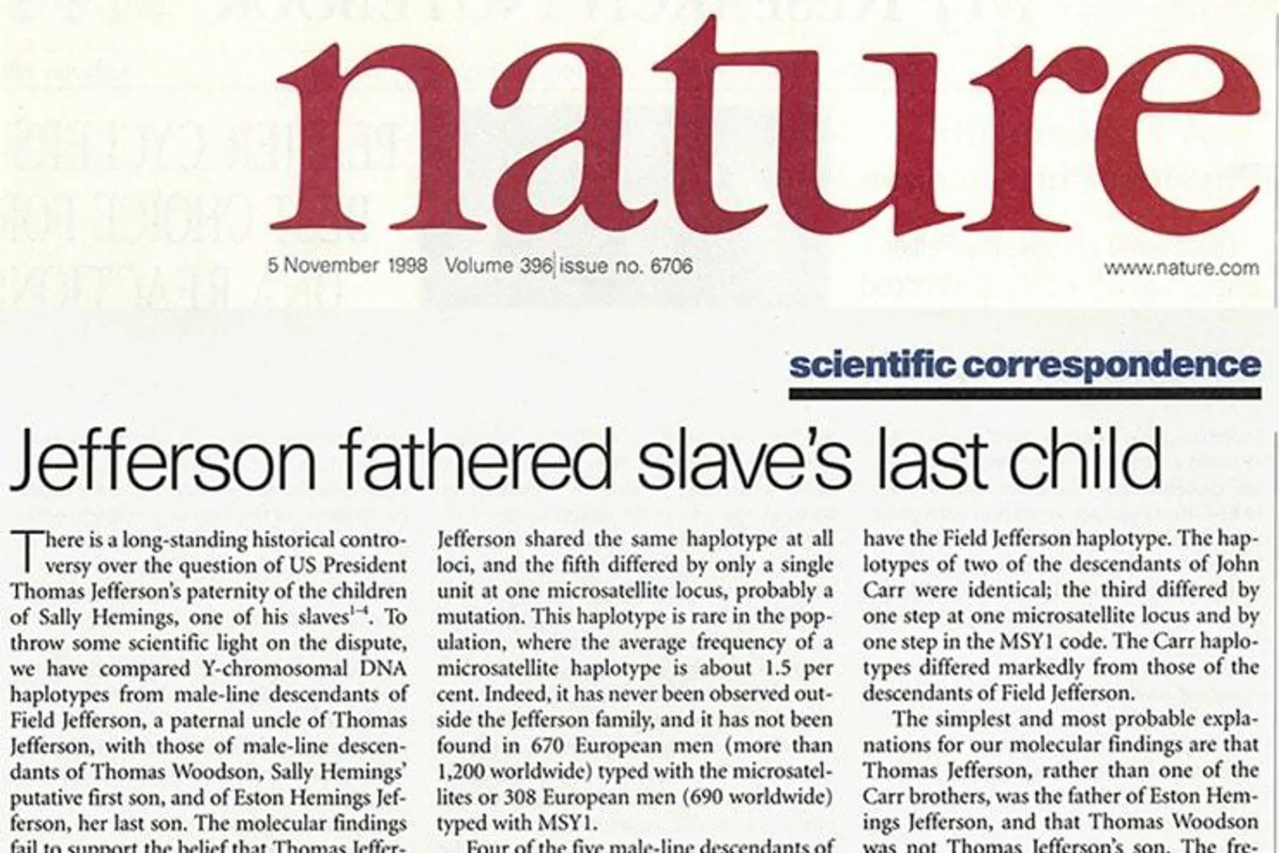 Scanned front page of Nature journal from 1998