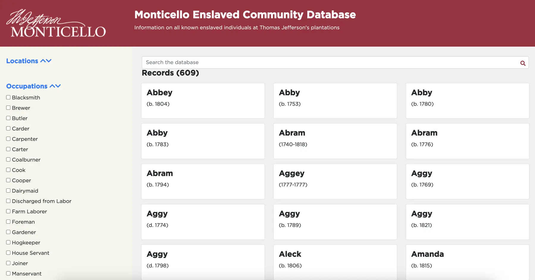 A screenshot of the Monticello Enslaved Community Database with a red banner, a list of 'Occupations' down the left and three columns of names.#asset:44305@1:alt