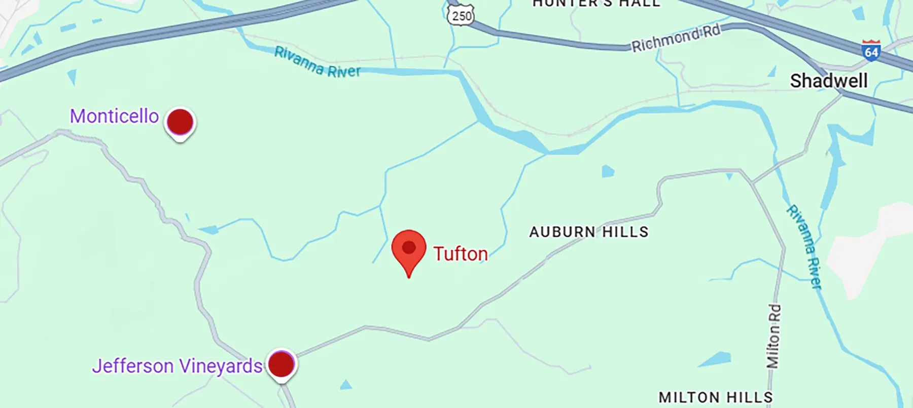 General map of the area around Monticello, showing the location of Monticello, Jefferson Vineyards, and Tufton Farm